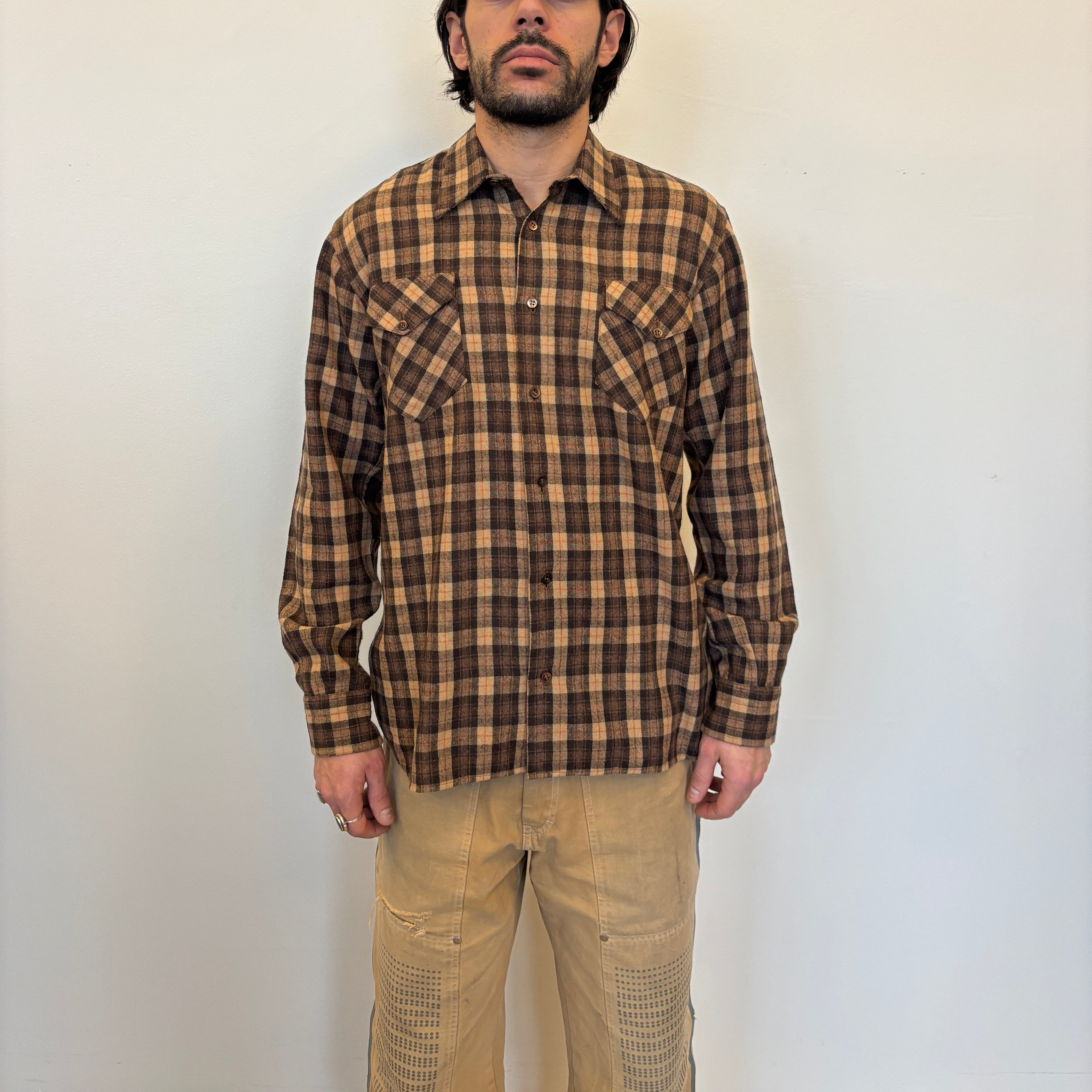 Vintage 1970's beige and brown Plaid Shirt